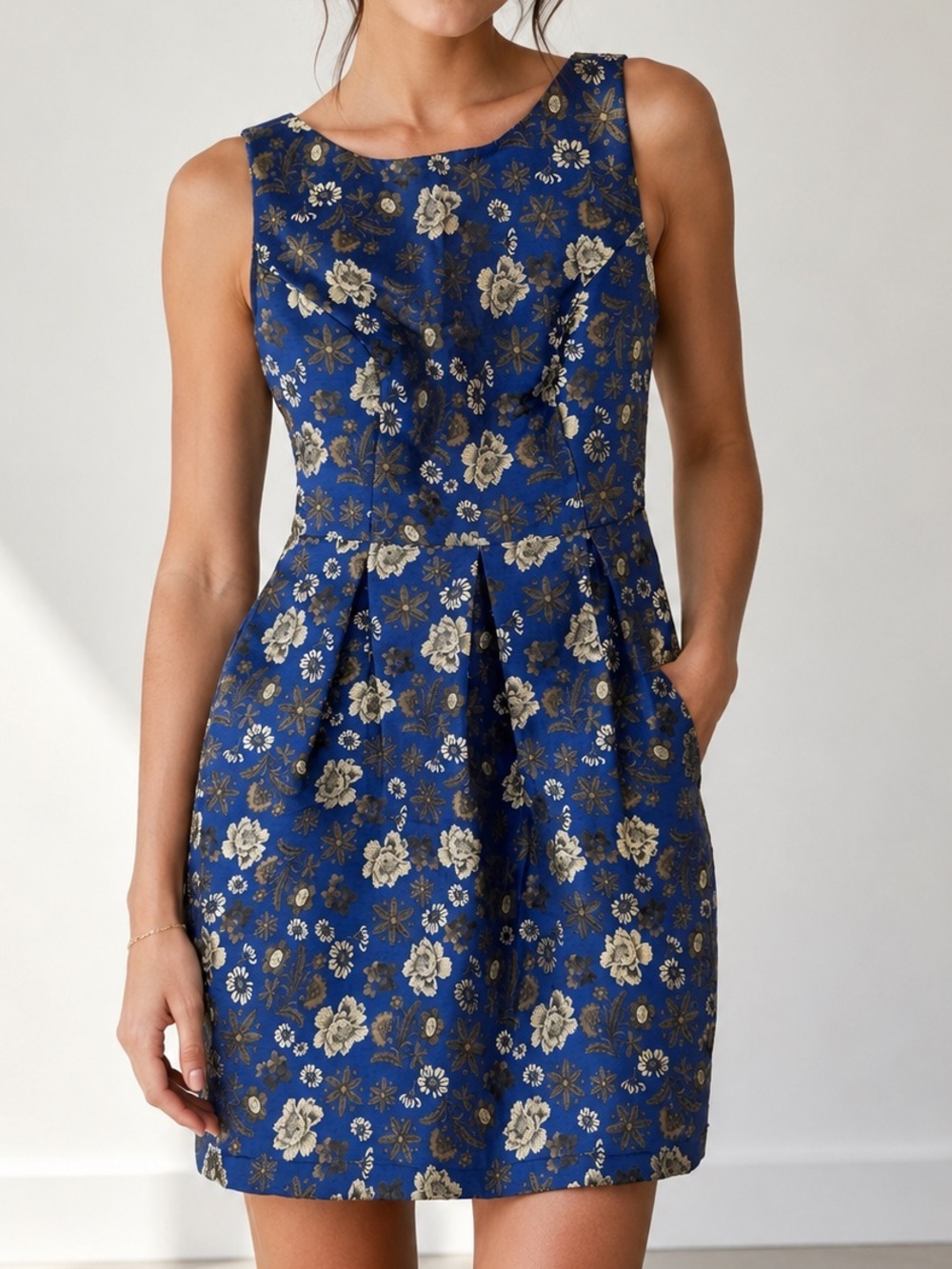 Eliza J Royal Blue Floral Jacquard Sheath Dress with Gold Accents